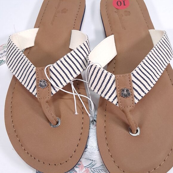 NWT Tommy Bahama Speedwell Sandals Women 10 Tan White with Blue Stripe Flip Flop - Picture 2 of 4